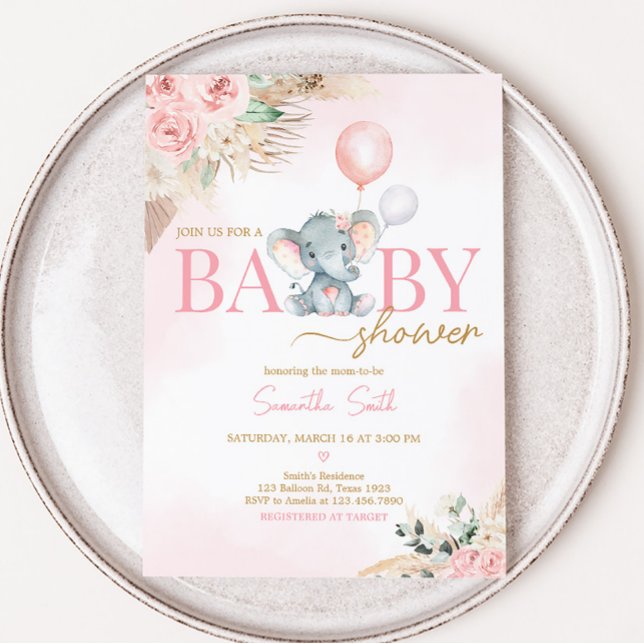 Pink Balloon Elephant Baby Shower Invitation (Pink Floral Pampas Grass Elephant Baby Shower Invitation)