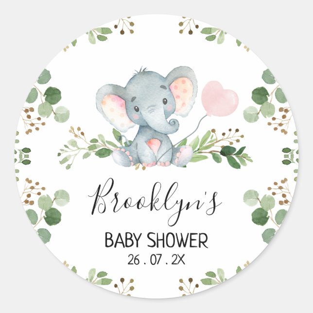 Pink Balloon Elephant Baby Shower Sticker (Front)