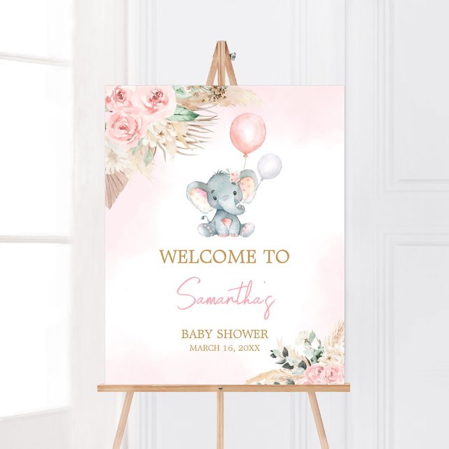 Pink Balloon Elephant Baby Shower Welcome Poster (Pink Floral Pampas Grass Elephant Baby Shower Welcome Sign)