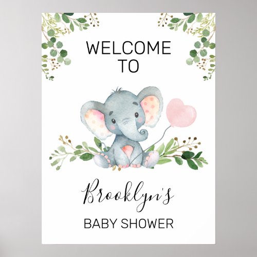 Pink Balloon Elephant Baby Shower Welcome Sign