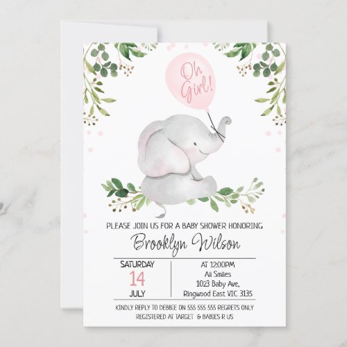 Pink Balloon Elephant Foliage Baby Shower Invitation