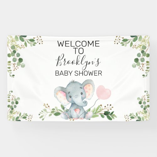 Pink Balloon Elephant Foliage Baby Shower Welcome  Banner