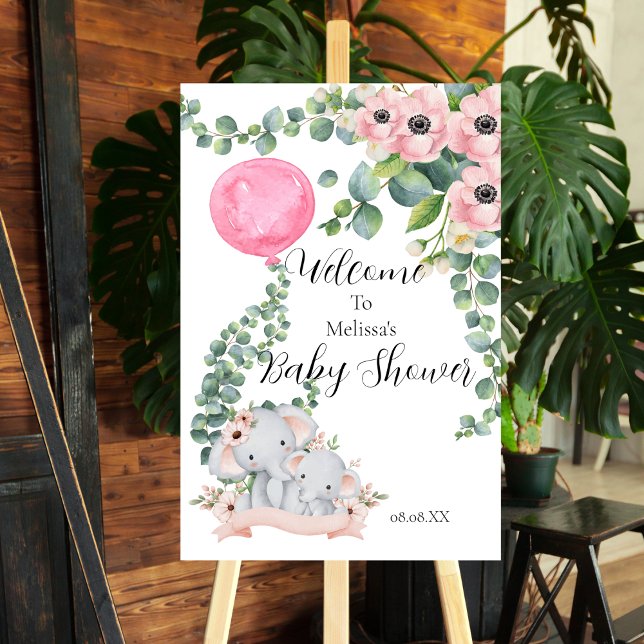Pink Balloon Elephant Greenery Welcome Baby Shower Foam Board (Creator Uploaded)