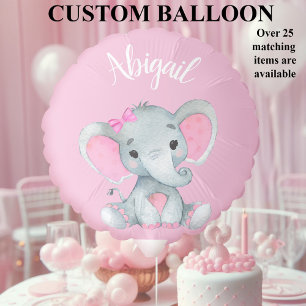 Pink Balloon Elephant with Custom Name Baby Shower