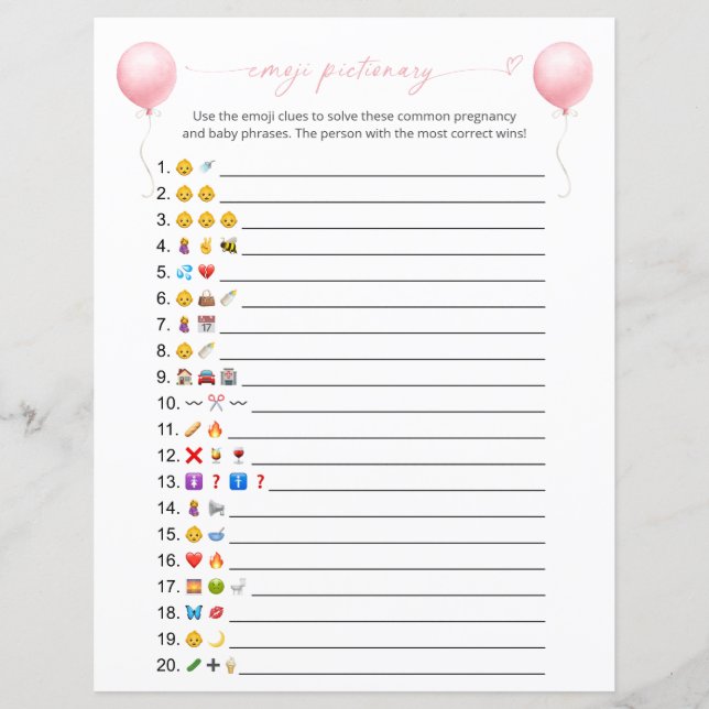 Pink Balloon Emoji Pictionary Baby Shower Game (Front)