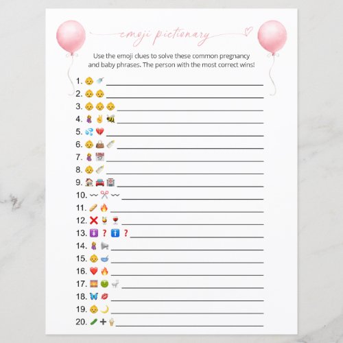 Pink Balloon Emoji Pictionary Baby Shower Game