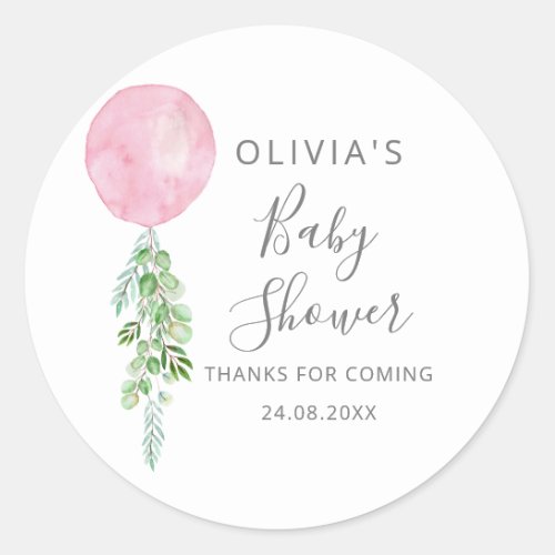  Pink Balloon Eucalyptus Baby Shower Classic Round Sticker