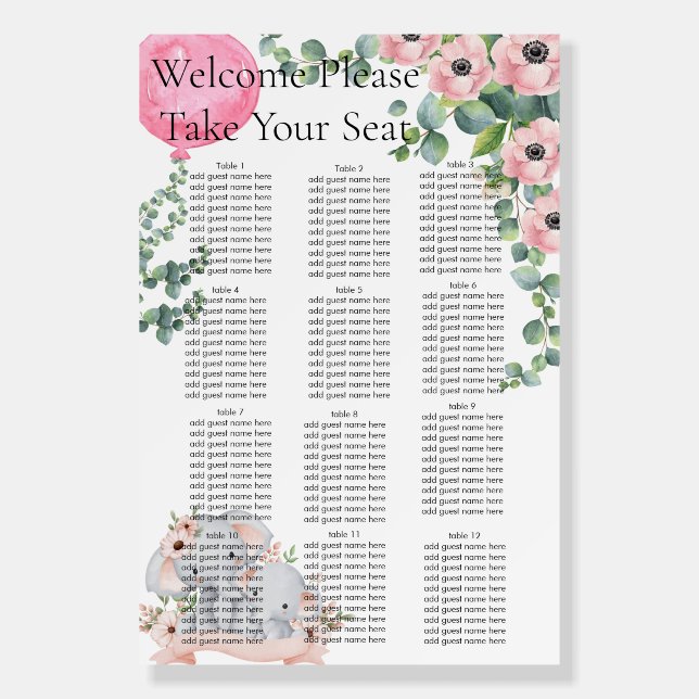Pink Balloon Eucalyptus Elephant Seating Chart Foam Board (Front)