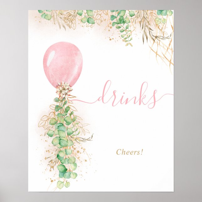 Pink Balloon Eucalyptus Foliage Garland Drinks Poster (Front)