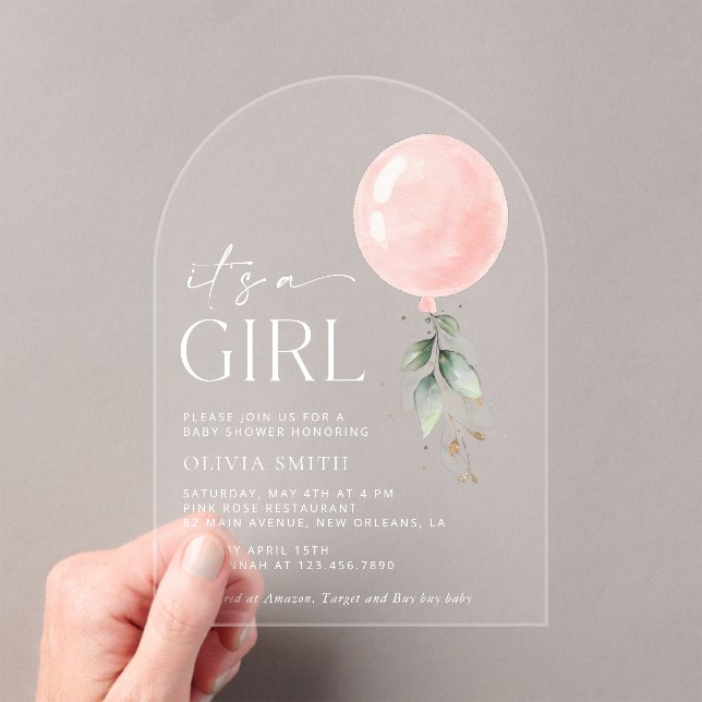 Pink Balloon, Eucalyptus, Greenery, Baby Shower Acrylic Invitations (Insitu (Handheld))
