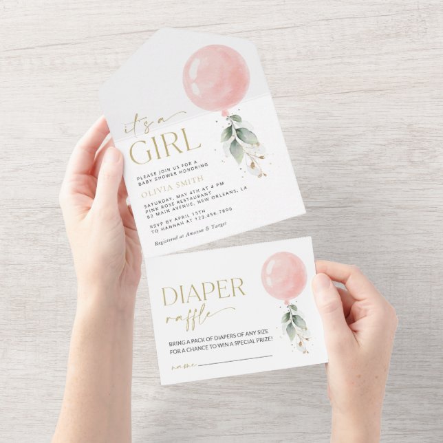 Pink Balloon, Eucalyptus, Greenery, Baby Shower All In One Invitation (Tearaway)