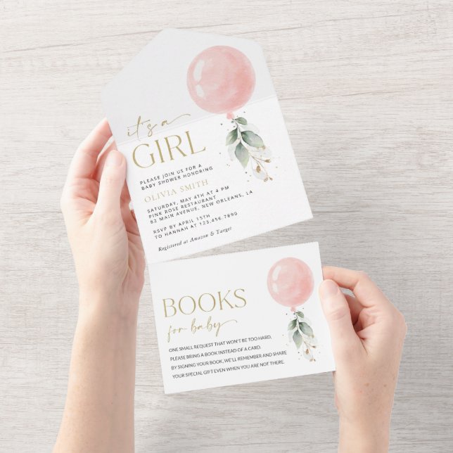 Pink Balloon, Eucalyptus, Greenery, Baby Shower All In One Invitation (Tearaway)