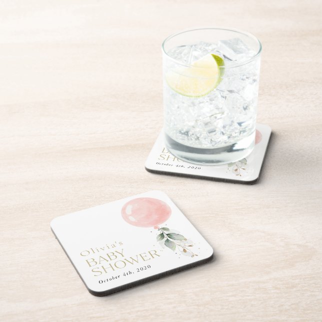 Pink Balloon, Eucalyptus, Greenery, Baby Shower  Beverage Coaster (Right Side)