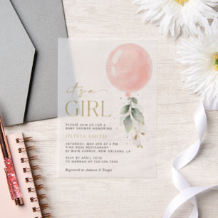 Pink Balloon, Eucalyptus, Greenery, Baby Shower Vellum Invitations