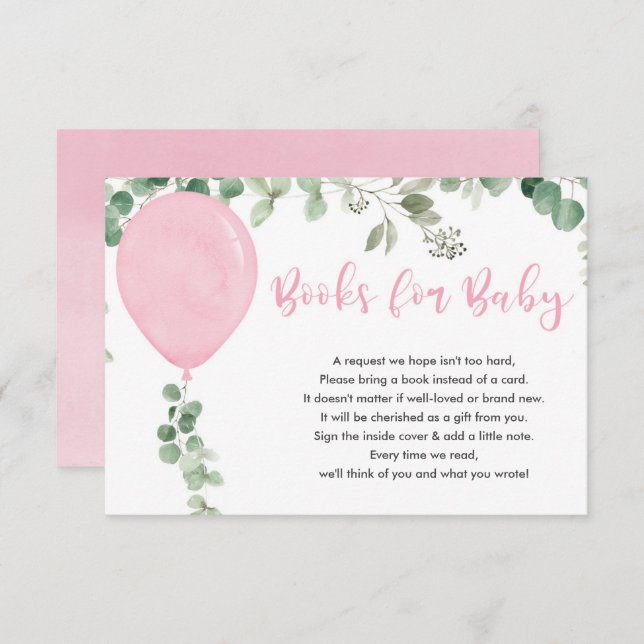 Pink balloon eucalyptus greenery books for baby en enclosure card (Front/Back)