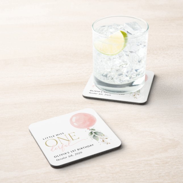 Pink Balloon, Eucalyptus, Greenery, First Birthday Beverage Coaster (Right Side)