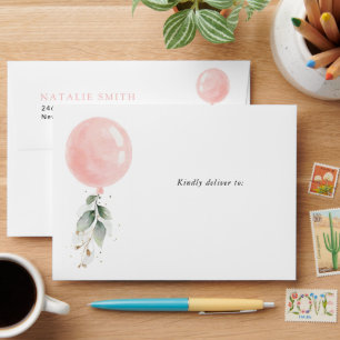Pink Balloon, Eucalyptus, Greenery, First Birthday Envelope