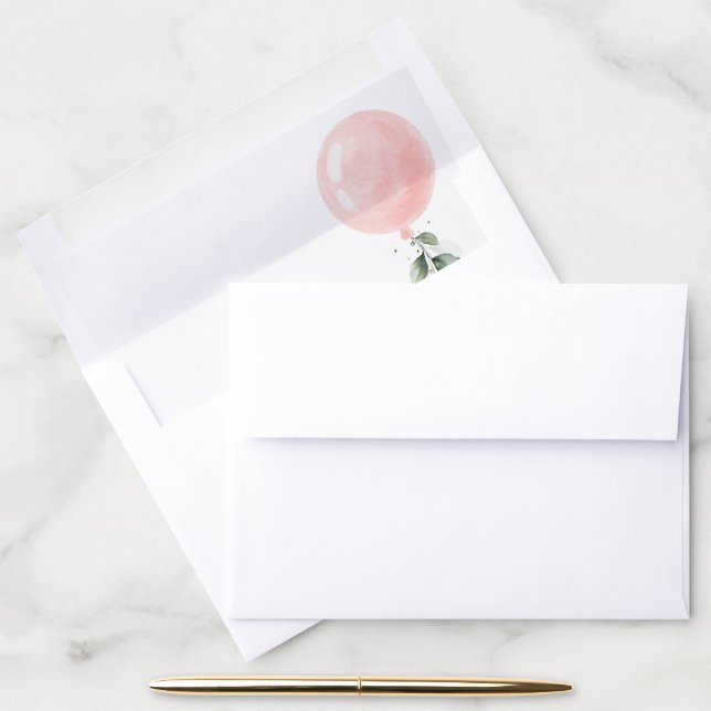 Pink Balloon, Eucalyptus, Greenery, First Birthday Envelope Liner (Desk)