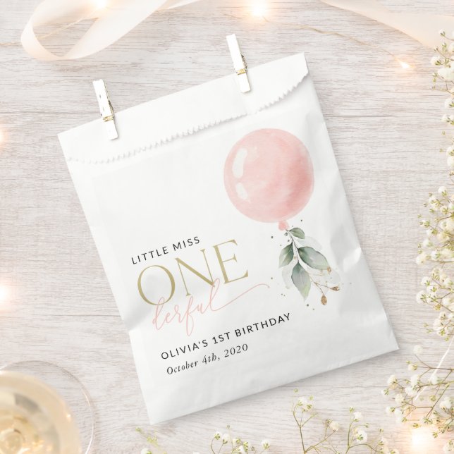 Pink Balloon, Eucalyptus, Greenery, First Birthday Favor Bag (Clipped)