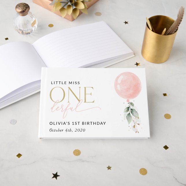 Pink Balloon, Eucalyptus, Greenery, First Birthday Guest Book (Front Open)