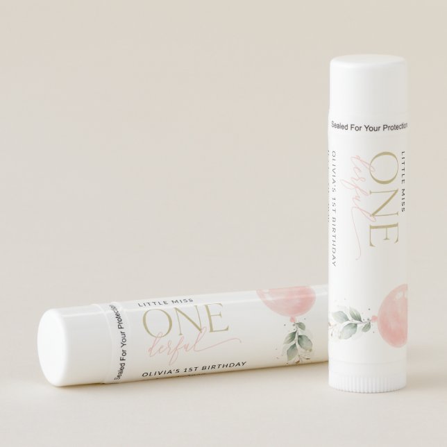 Pink Balloon, Eucalyptus, Greenery, First Birthday Lip Balm (Front)