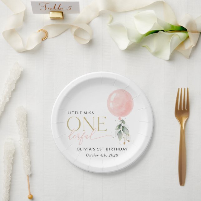Pink Balloon, Eucalyptus, Greenery, First Birthday Paper Plates (Wedding)