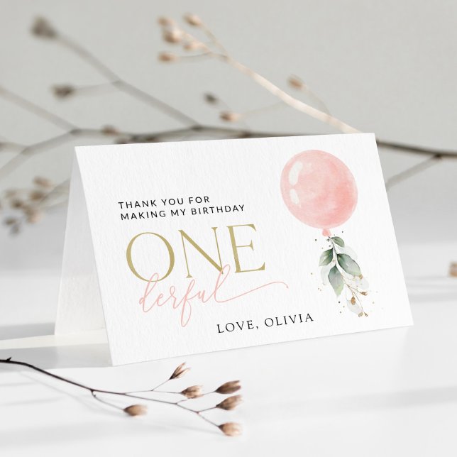Pink Balloon, Eucalyptus, Greenery, First Birthday Thank You Card (Creator Uploaded)