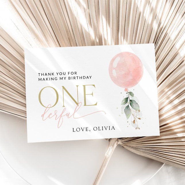 Pink Balloon, Eucalyptus, Greenery, First Birthday Thank You Card (Creator Uploaded)