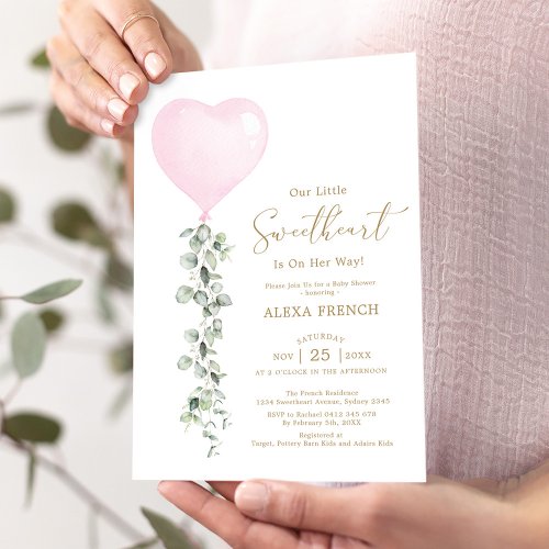 Pink Balloon Eucalyptus Sweetheart Baby Shower Invitation