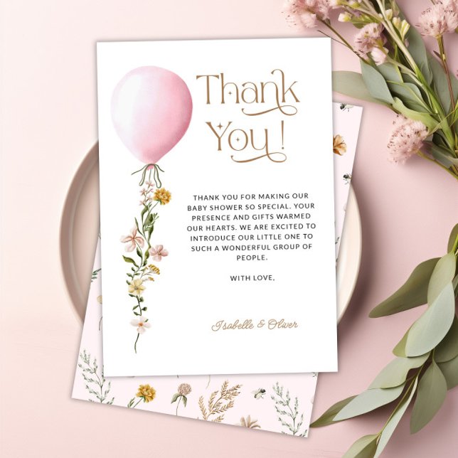 Pink Balloon Floral Baby Shower Thank You Card (Pink Balloon Floral Baby Shower Thank You Card)