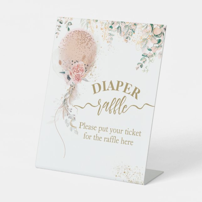 Pink Balloon Floral Eucalyptus Baby Shower diaper Pedestal Sign (Front)