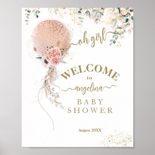Pink Balloon Floral Eucalyptus Baby Shower  Poster