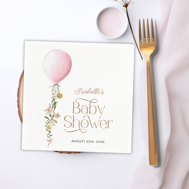 Pink Balloon Floral Girl Baby Shower Theme Paper Napkins (Pink Balloon Floral Girl Baby Shower Theme Paper Napkins)