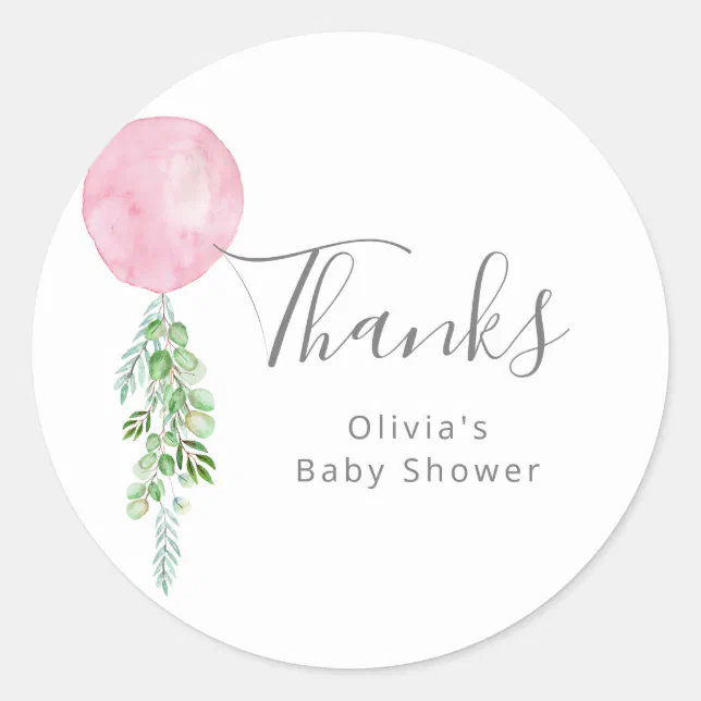 Pink Balloon Girl Baby Shower Thank You Classic Round Sticker | Zazzle