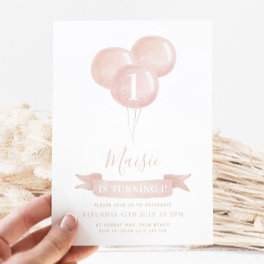 Pink Balloon Girls 1st Birthday Party Pretty Invitation