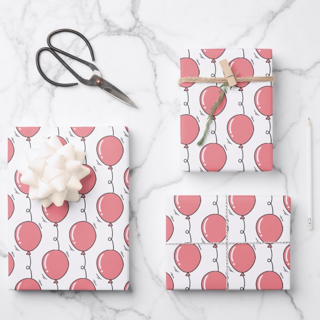 Pink Balloon Girls Birthday Wrapping Paper Sheets (Front)