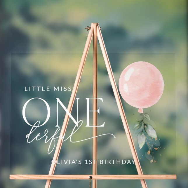 Pink Balloon, Greenery, First Birthday Welcome Acrylic Sign (Neutral)
