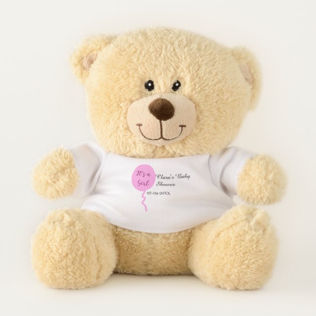 Pink balloon it's a girl baby shower add name date teddy bear (Front)