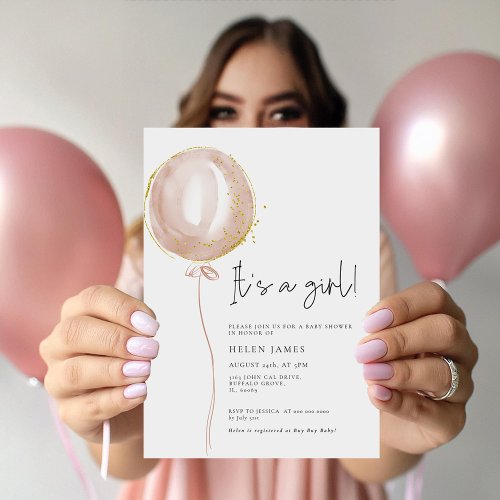 Pink Balloon Its a Girl Baby Shower Invitation