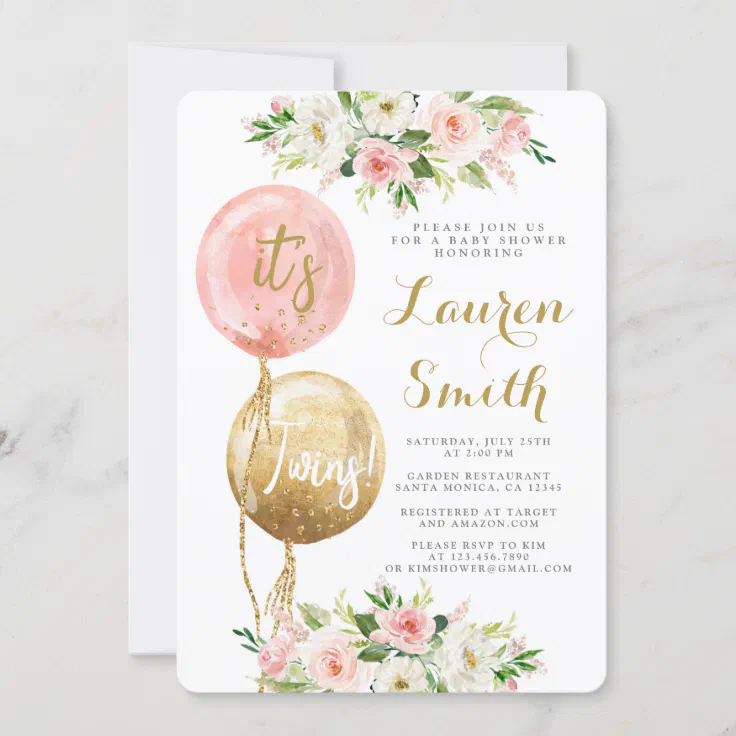 Pink balloon It's twins baby shower girls Invitation | Zazzle