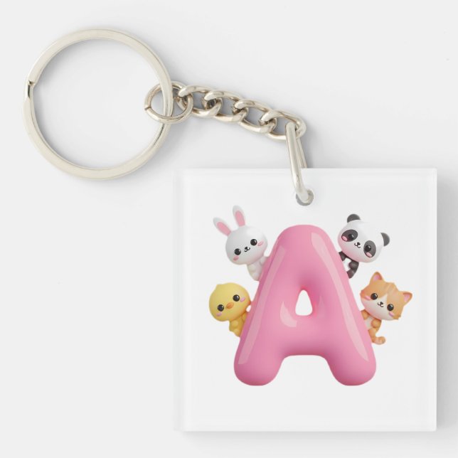 Pink Balloon Letter A Forest Animals Acrylic  Keychain (Front)