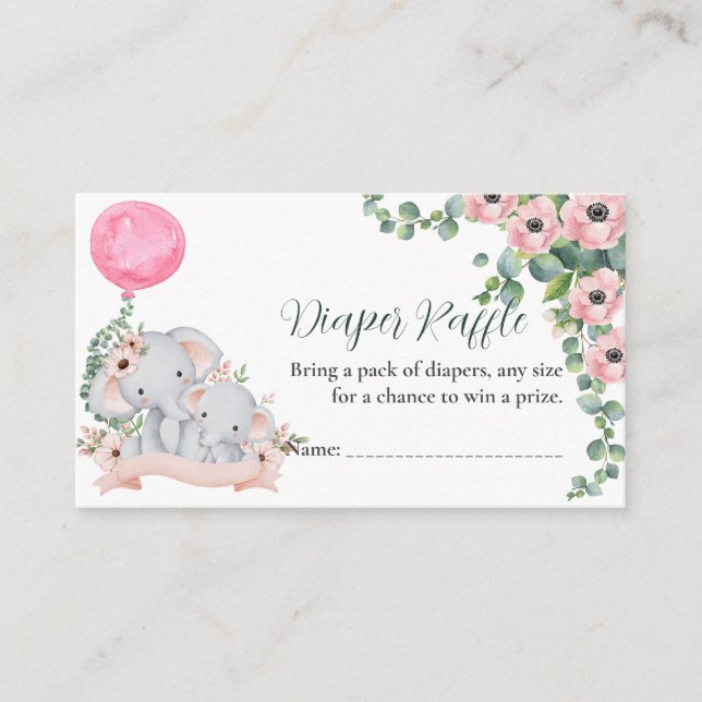 Pink Balloon Mom Baby Elephant diaper raffle cards (Front)