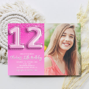 Pink Balloon Number 12 Girl's Birthday with Photo Invitation