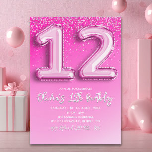 Pink Balloon Numbers 12th Birthday for Girl Invitation