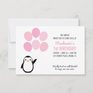 Pink Balloon Penguin Birthday Party Evite Print Invitation