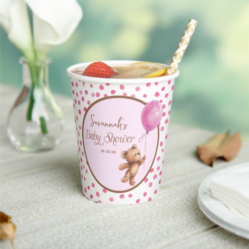 Pink Balloon Polka Dots Teddy Bear Baby Shower Paper Cups