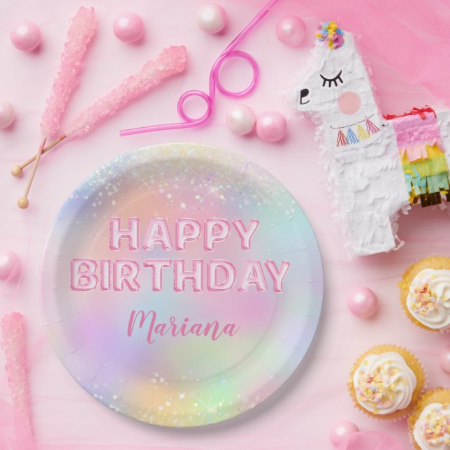 Pink Balloon Rainbow Birthday Party Paper Plates (Party)
