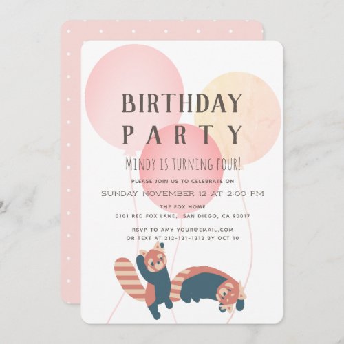 Pink Balloon  Red Panda Birthday Party Invitation
