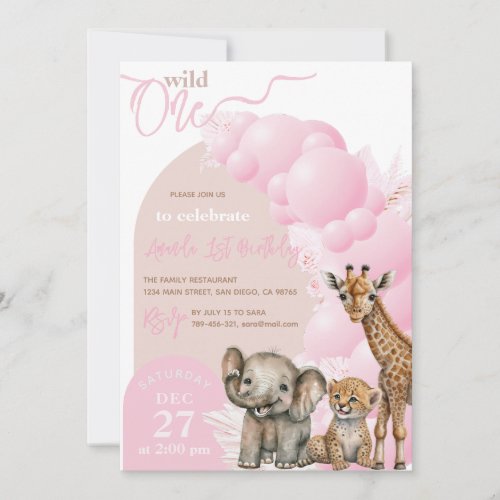Pink Balloon safari Girl 1st Birthday Photo Invitation