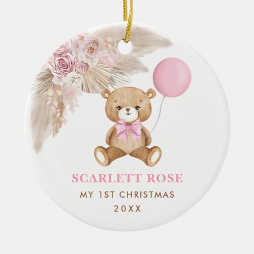 Pink Balloon Teddy Bear Baby First 1st Christmas Ceramic Ornament